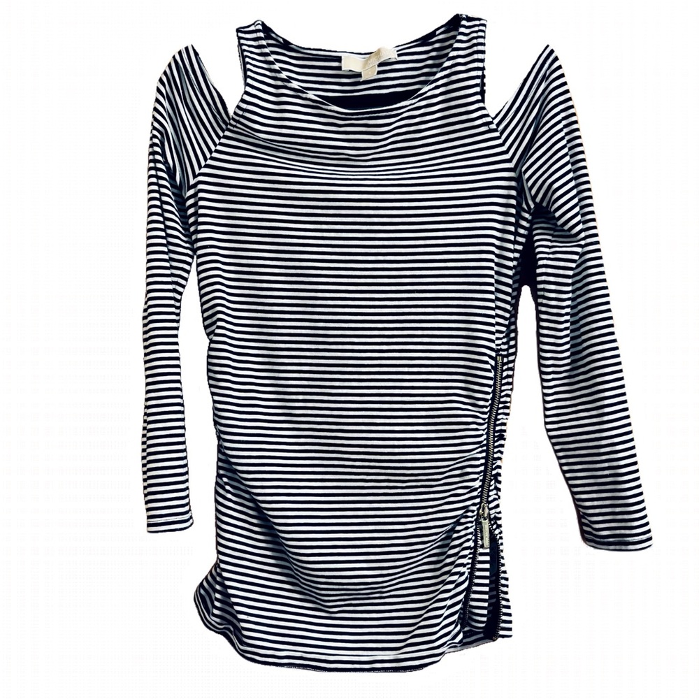 Michael Kors Black and White Striped Top Shoulder Cut Outs Size Small